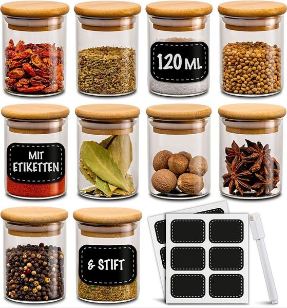 Praknu Vorratsglas Gewürzbehälter 10er Set 120ml mit Etiketten und Stift zum Beschriften, Glas, (Set, 10-tlg), mit 10 Etiketten - 120 ml Groß - Luftdicht - Spülmaschinenfest