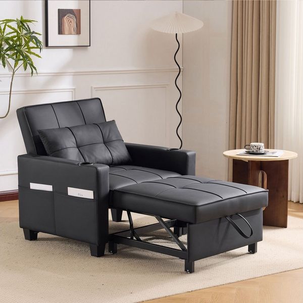 MODFU Schlafsofa Sessel für kleine Räume, 3-in-1 Ausziehbares Schlafsofa mit USB & Getränkehaltern – Multifunktionaler Liegestuhl 1 Teile, mit Relaxfunktion
