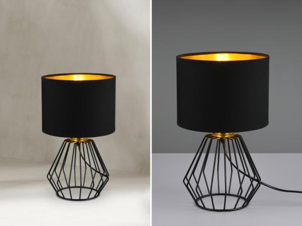 Reality Leuchten Nachttischlampe, Dimmfunktion, LED wechselbar, Warmweiß, ausgefallen-e Designer Lampe dimmbar, Stoff Lampenschirm Schwarz Gold