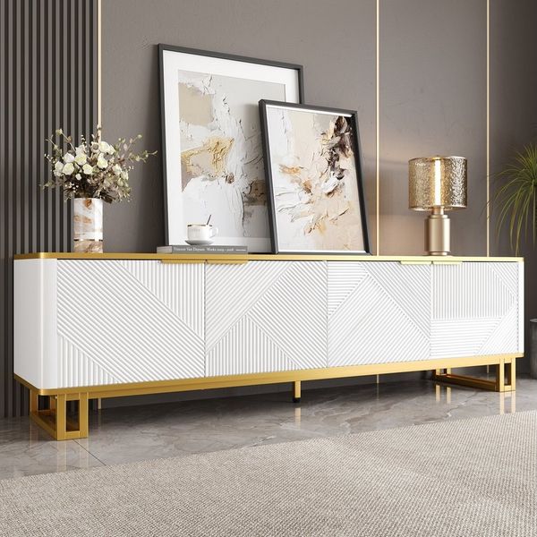 Merax Lowboard in Weiß und Gold, TV-Board mit vier Türen und Stauraum (1 St, 160 x 37,5 x 48 cm), TV-Schrank mit geometrischer 3D-Front, Kabelmanagement, Metallrahmen
