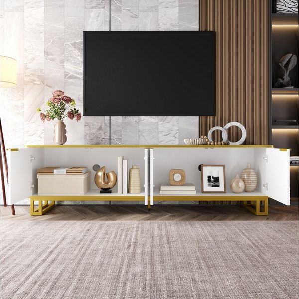 Merax Lowboard in Weiß und Gold, TV-Board mit vier Türen und Stauraum (1 St, 160 x 37,5 x 48 cm), TV-Schrank mit geometrischer 3D-Front, Kabelmanagement, Metallrahmen