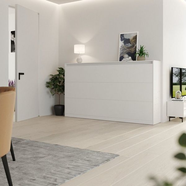 SMARTBett Schrankbett Classico 100x200 cm Horizontal Weiß Wandklappbett Gasdruckfedern, Klappbett