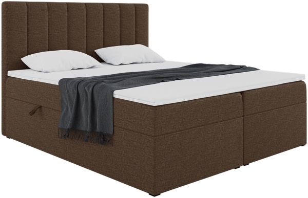 MEBLINI Boxspringbett ERLING 200x220 cm mit Bettkasten - H3/Braun Webstoff Polsterbett - Doppelbett mit Topper & Bonellfederkern-Matratze