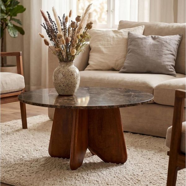 IDIMEX Couchtisch MALOTI, Beistelltisch rund 90 cm aus Mangoholz mit Marmorplatte Dunkelbraun