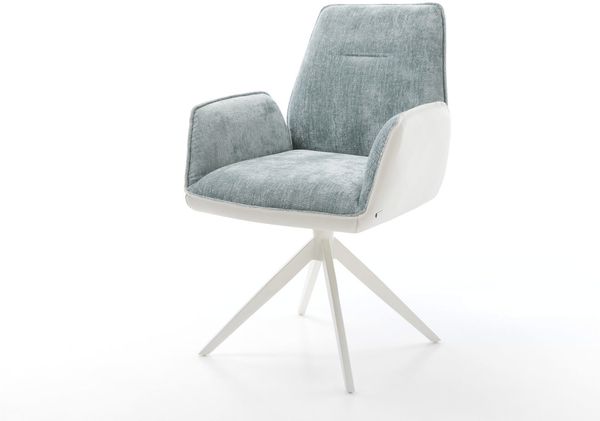 Drehstuhl Zoa-Flex Materialmix Echtleder Weiß-Pastellblau Kreuzgestell breit Weiß 360° drehbar Wippfunktion Taschenfederkern