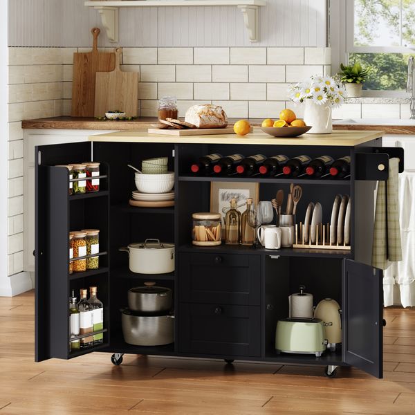 Merax Mobile Kücheninsel mit klappbarer Arbeitsplatte, Küchenwagen, Aufbewahrungsschrank, Sideboard mit Handtuchhalter, Schublade, integriertem Weinregal und abschließbaren Rollen, Schwarz