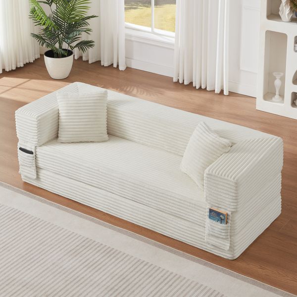 Sofa H 60 x T 200 x B 76 cm mit Schlaffunktion aus Cord in Weiß