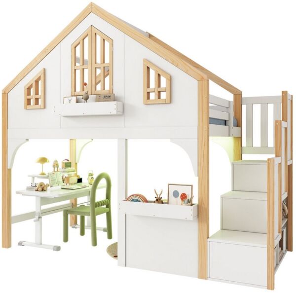 BlingBin Etagenbett 90x200cm Kinderbett mit LED, Hochbett mit Stauraumtreppe, Hausbett (1er Set, 1-St, Ohne Matratze, Tragfähigkeit: 120KG, Massivholz+MDF, Weiß), Massivholzbett mit Fenster-Form und Rausfallschutz für Kinderzimmer