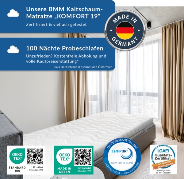 BMM Matratze Komfort 19 - ergonomische 7-Zonen Kaltschaummatratze, Öko-Tex Zertifiziert, Härtegrad H2, produziert in Deutschland, 120x190 cm Bild 7