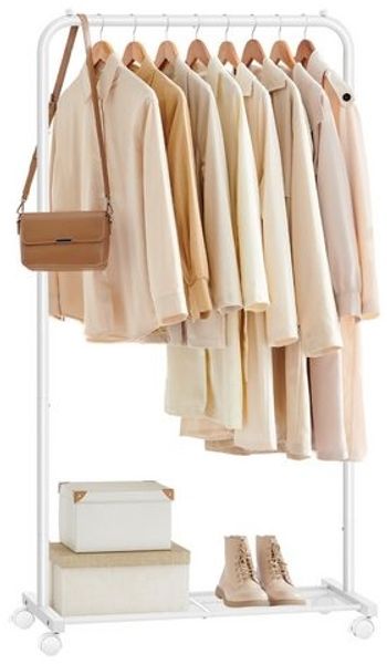SONGMICS Kleiderständer, Kleiderstange auf Rollen, Garderobenständer 74 cm breit, Rollgarderobe mit Gitterablage, bis 35 kg belastbar, 2 Rollen arretierbar, Stahlrahmen, weiß