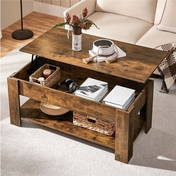 Yaheetech Couchtisch mit höhenverstellbarer Platte und verstecktem Stauraum, Holz, 42 x 50 x 98 cm, Rostbraun