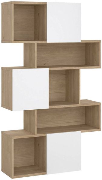 Dmora Bücherregal Acetosella, Büroregal, Mobiler Buchhalter, Bücherbrett, 96x32 h166 cm, Eiche und Glänzend Weiß