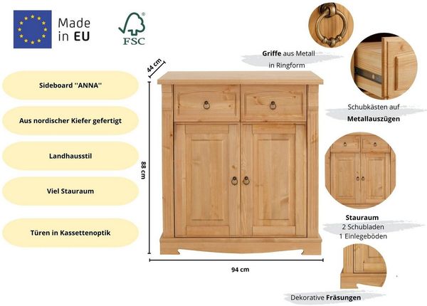 OTTO home Kommode Anna, Sideboard, Anrichte, Stauraumschrank (B/T/H: 94/40/88 cm), aus massiver Kiefer, Breite 94 cm, mit Kassettenoptik, FSC® Bild 3