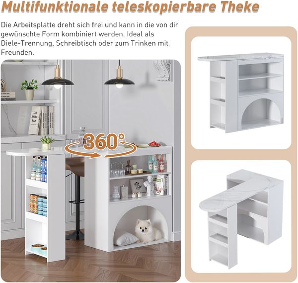 Ausziehbarer Bartisch mit Haustierbereich, Multifunktionaler Esstisch,Flexibles Ausziehsystem, Marmorierte Tischplatte in Keramik-Optik Bild 5