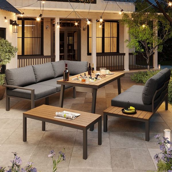 Flieks Gartenlounge-Set, Outdoor 7-Sitzer Sitzgruppe Gartenmöbel-Set, Tisch mit Eiskübel