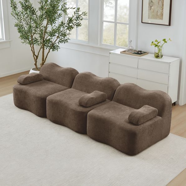 Modulares Sofa aus Samt mit Wellenform und tiefer Sitzfläche, 288x98x70 cm, Braun