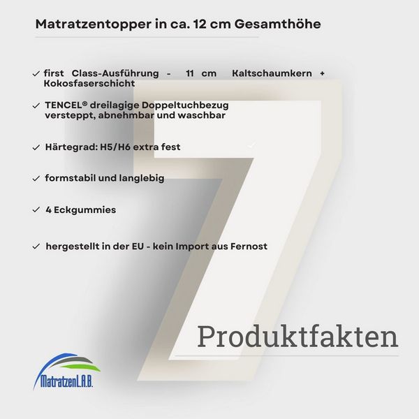 MatratzenL.A.B®, Topper TENCEL™ Lyocell Premium Bezug H5 & H6 extra fest, 12 cm hoch, Kaltschaum und Kokosschicht, Matratzentopper ideal für Ihre Boxspringbett