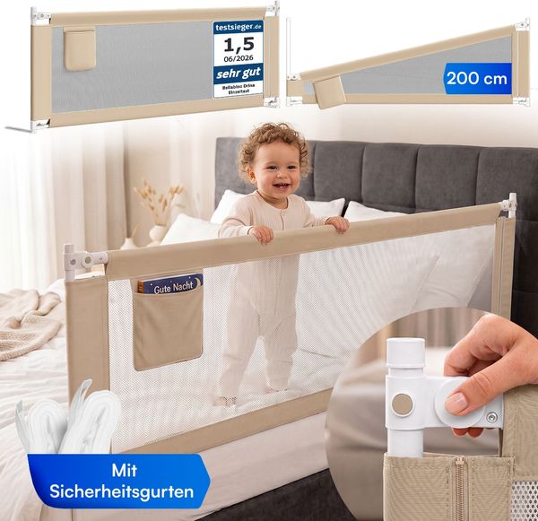 Bellabino 'Drina' Bettschutzgitter mit 2 Sicherheitsgurten, Rausfallschutz klappbar & höhenverstellbar, aus Oxford-Stoff & Metall, 200 cm, beige