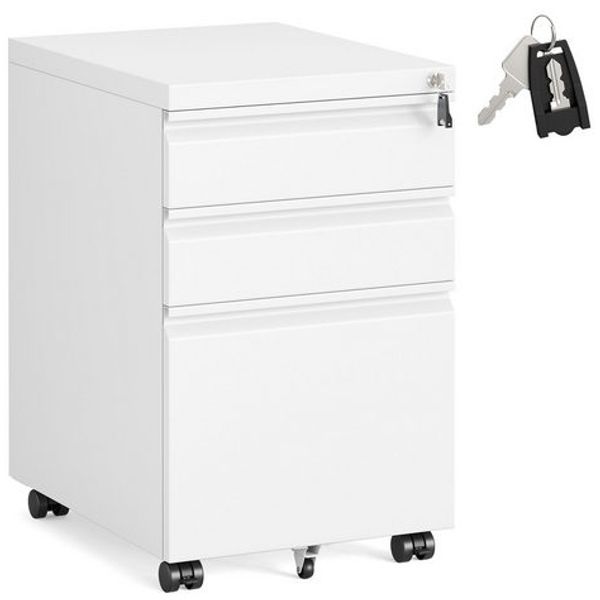 SONGMICS Büroschrank aus Stahl mit 3 Schubladen, abschließbarer Rollcontainer, für Homeoffice, Druckerständer, weiß