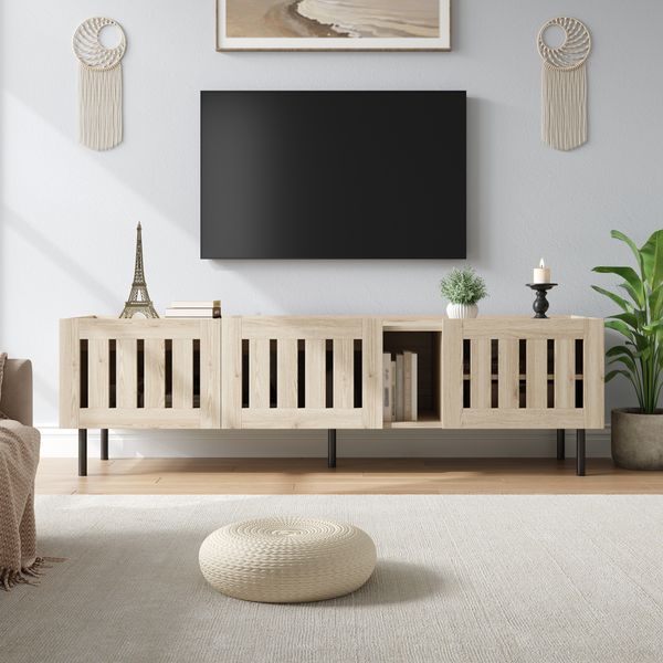 TV-Schrank 160x40x47 cm in Naturholzoptik, MDF, mit 3 Lamellentüren und Kabeldurchführung