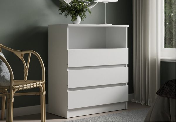 Home Collective Kommode Sideboard mit 3 Schubladen u. offenem Fach Schubladenschrank (Highboard Anrichte Schlafzimmer Wohnzimmer Flur Büro Organizer), Kommode 76 cm breit 3 Schubladen & 1 offenes Fach, weiß