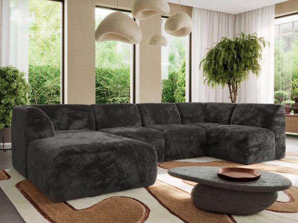 Modulares XXL-Ecksofa MODARO 5M, U-Form, Wohnlandschaft, 5-teilig, freistehend, Wohnzimmer Couch, HR-Schaumstoff - Dunkelgrau Plüsch - Links