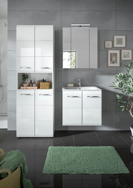 welltime Badezimmer-Set, (Set, 5-St), Florenz, Badkombination 5-tlg,Weiß hochgl. inkl. Waschbecken+Bel.