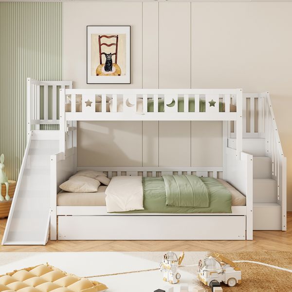 Etagenbett Mit Rutsche Und Ausziehbett Weiß 90x200 140x200 Sternen Mond Motiv Sicherheitsrutsche Stauraum Kiefer Massivholz Lattenrost Geschwisterbett Kinderzimmer