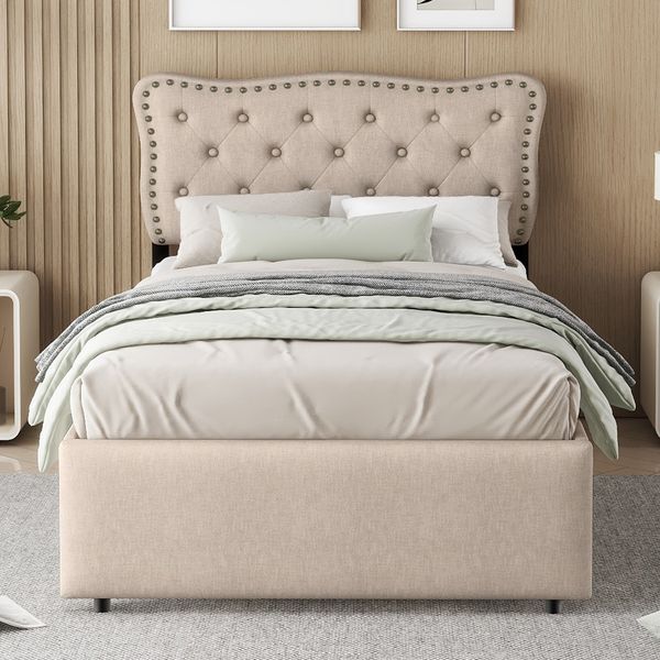 Polsterbett 90x200 cm aus Leinen mit Stauraum, dunkelbeige – verstellbarer Nachttisch und dekorative Nieten