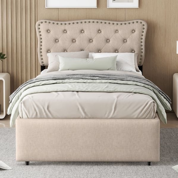 Polsterbett 90x200 cm aus Leinen mit Stauraum, dunkelbeige – verstellbarer Nachttisch und dekorative Nieten
