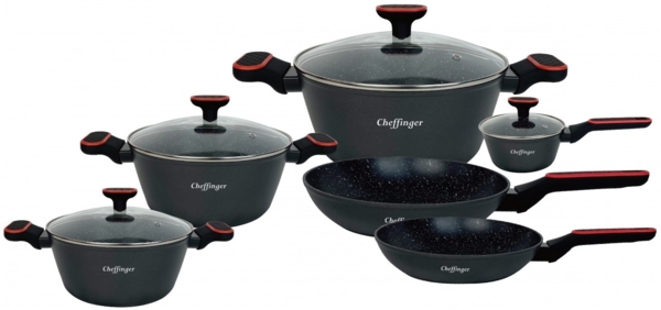 Kochtopf Kasserolle Bratpfannen Set 10-tlg schwarz + Deckel Cheffinger FA-2010B
