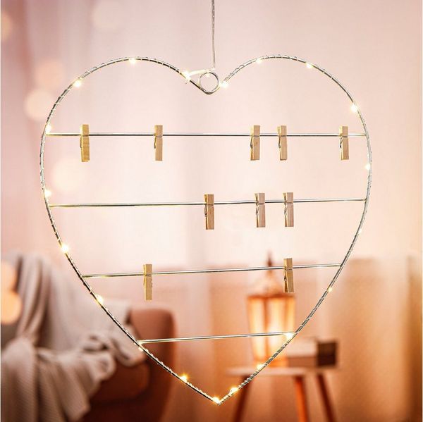 Spetebo LED-Girlande LED Deko Herz mit 10 Klammern - 39 cm, 20-flammig, Lichterherz mit 20 warmweißen LED