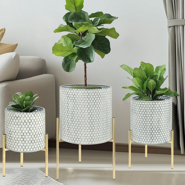 G-LEAF Blumentopf Moderne Pflanzgefäße aus Metall mit einzigartigem Rautenmuster (3 St), mit stabilem Goldständer, einfach zu montieren, weiß