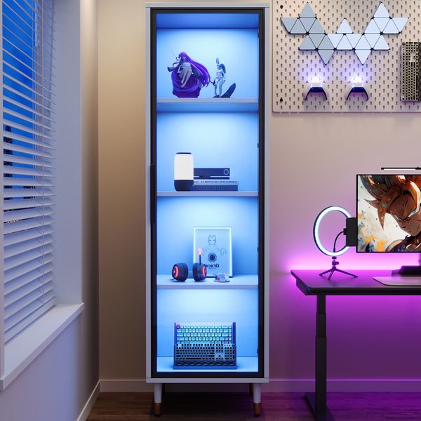 Flieks Glasvitrine mit LED 170 cm, schmaler Vitrinenschrank mit getöntem Glas, Standvitrine für Bücher, Wein & Deko, weiß