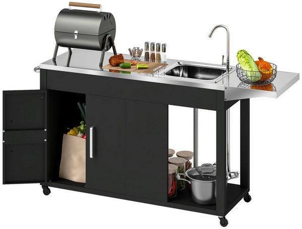 Outsunny Servierwagen mit Arbeitsfläche, Seitenblatt, Schrank, Spüle, Räder, (BBQ Grilltisch aus Edelstahl, 1 St, Grillwagen), für Garten, Terrasse, Grill 162,5 x 47 x 87cm Schwarz
