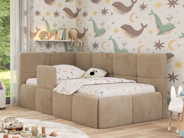 Jugendbett, Kinderbett mit Kopfteil ARVO ALTA 90x200 cm, Polsterbett mit Stauraum, hoher Schlafkomfort - Beige Plüsch - Links - VIRE LUX