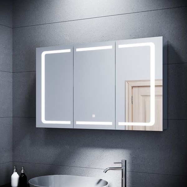 SONNI Badezimmerspiegelschrank Badezimmerspiegelschrank mit dreifarbigen LED,105 cm x 65 cm, LED, mit Touch und Steckdose, Edelstahl, 3 türig, mit 2/3 Fächern