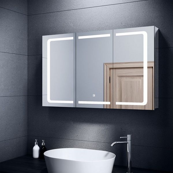 SONNI Badezimmerspiegelschrank Badezimmerspiegelschrank mit dreifarbigen LED,105 cm x 65 cm, LED, mit Touch und Steckdose, Edelstahl, 3 türig, mit 2/3 Fächern