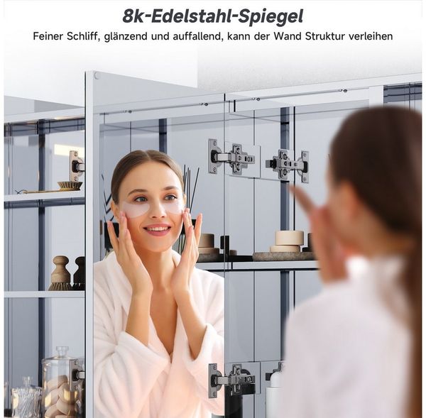 SONNI Badezimmerspiegelschrank Badezimmerspiegelschrank mit dreifarbigen LED,105 cm x 65 cm, LED, mit Touch und Steckdose, Edelstahl, 3 türig, mit 2/3 Fächern Bild 4