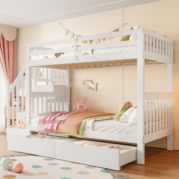 Etagenbett 90x200 cm mit Treppenregal, zwei Schubladen, hohes Sicherheitsgeländer mit Stauraum, Weiß