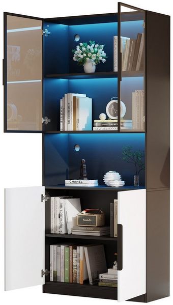 MODFU Vitrine weiße Türen mit schwarzer Dekoration (Bücherregal für Sammlerstücke, 1-St, 4 Türen(2 Glastüren) mit Glastüren,LED-Leuchten,einstellbare Farbtemperatur und Helligkeit