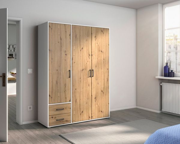 Rauch Möbel 'Voyager' Kleiderschrank, Holz, Eiche Artisan | Weiß, Zubehör Basic, Breite 140 cm | Ohne Spiegel