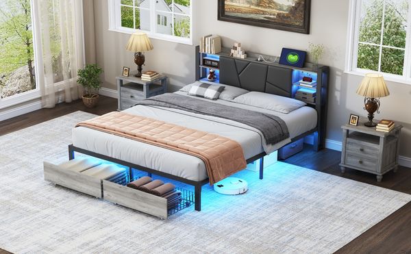 Ironwood bed 140 * 200, headboard, bed frame with lights, bed tail, double drawers, European standard charger