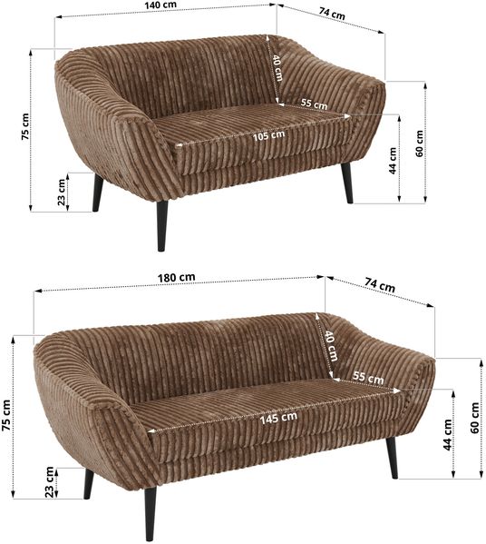 Skandinavisches Sofa Set PIRS 3-2, Komplettset, Wellenfederung, schwarze Füße, Sitzgruppe, Polstermöbel Set - Braun Cord Bild 5