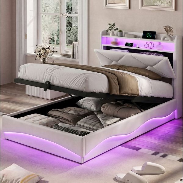 ADWOLT Polsterbett Hydraulisch Doppelbett mit LED Licht (Set, 1-tlg, 90x200 cm Stauraumbett Mit Lattenrost und Ladefunktion), 91 x 214 x 108 cm, Samt,Beige