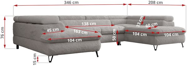 Ecksofa U-Form, mit Bettkasten, Bettfunktion und Einstellbare Kopfstützen, Sofa big XXL - PETER U - Hellgrau Plüsch - Topper T25 Bild 8