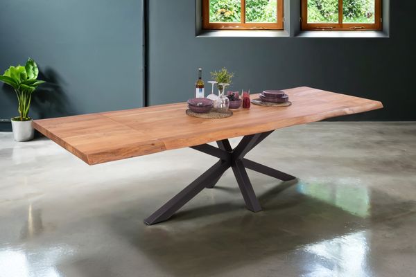 Esstisch Baumkante Akazie natur 200 (300) x 100 Spider-Gestell schwarz mit Ansteckplatten CALI 150438728