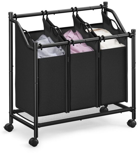 Songmics Wäschekorb mit Rollen, Wäschesammler mit 3 abnehmbaren Wäschesäcken, Wäschewagen, für Waschküche Schlafzimmer Badezimmer, 3x45 L, tintenschwarz
