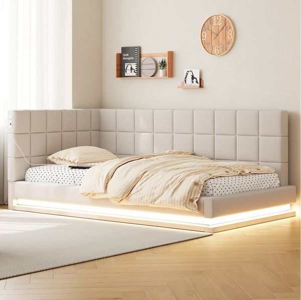 REDOM Schlafsofa Polsterbett,Funktionsbett,Jugendbett, Multifunktionales Polsterbett-Schlafsofa mit LED-Lichtleiste und USB-Anschluss. 90x200 cm, ohne Matratze