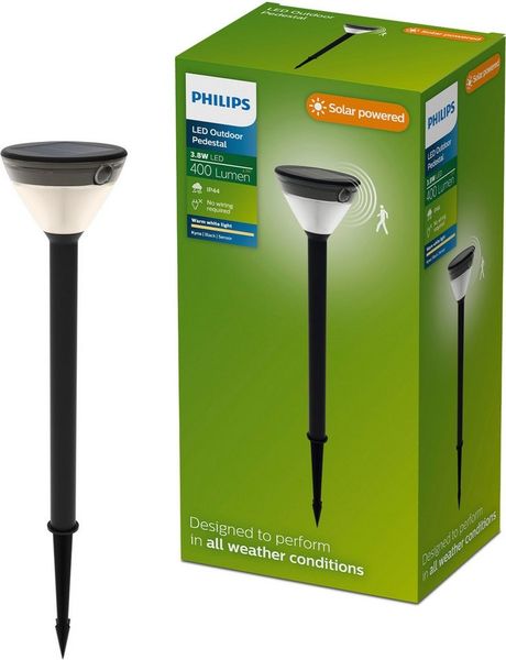 Philips LED Sockelleuchte Outdoor Solar Kyna, Abschaltautomatik, Bewegungsmelder, Tageslichtsensor, LED fest integriert, Warmweiß, Tageslicht- und Bewegungssensor, 2700 Kelvin, 400 Lumen, schwarz